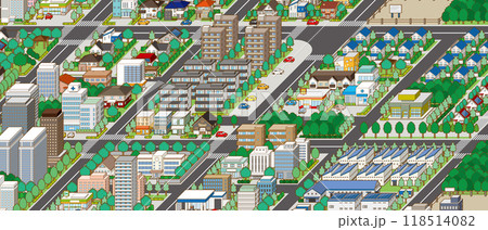 都市景観の立体イラスト.  建物のベクターイラスト. 118514082