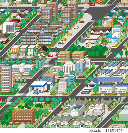 都市景観の立体イラスト.  建物のベクターイラスト. 118514084