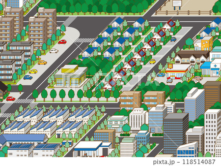 都市景観の立体イラスト.  建物のベクターイラスト. 118514087