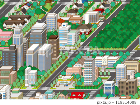 都市景観の立体イラスト.  建物のベクターイラスト. 118514089