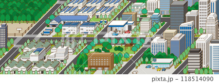 都市景観の立体イラスト.  建物のベクターイラスト. 118514090