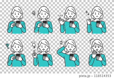 A set of young women with various expressions and poses while looking at their smartphones [People vector illustration material] 118514353