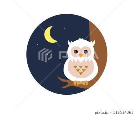 夜空を背景に木に止まるフクロウ（ミミズク）のシンプルなイラスト 118514363
