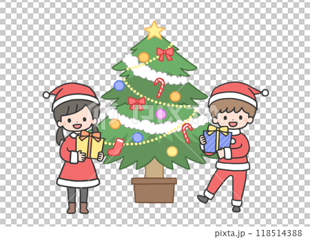 プレゼントを持つサンタコスチュームの男の子と女の子 118514388