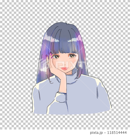 A rough-style illustration of a woman resting her chin on her hand A rough-style illustration of a woman resting her chin on her hand 118514444