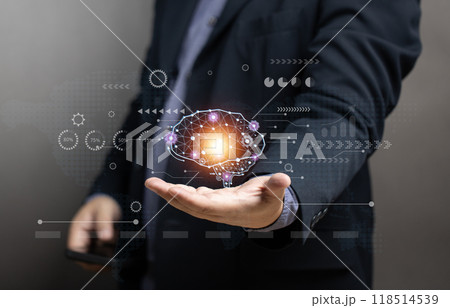 man hold smartphone and digital brain in his hand. Artificial intelligence robot assistant service online. Innovation application conversation online. Technology solution for big data calculator. 118514539