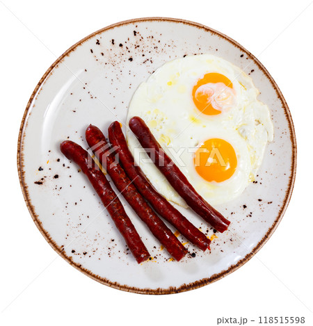 Homemade hearty breakfast - fried eggs with frankfurter sausages butifarra 118515598