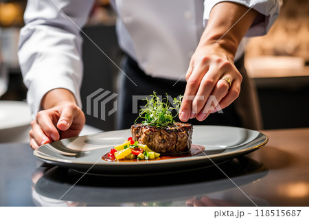 シェフの手による完璧な料理の仕上げ 118515687