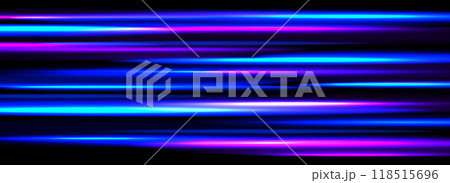 Neon glowing horizontal stripes background. Bright blue speed light effect. Magic trail flare lines texture. Luminous laser beams and rays wallpaper design. Futuristic neon streaks backdrop. Vector Neon glowing horizontal stripes background. Bright blue speed light effect. Magic trail flare lines texture. Luminous laser beams and rays wallpaper design. Futuristic neon streaks backdrop. Vector 118515696