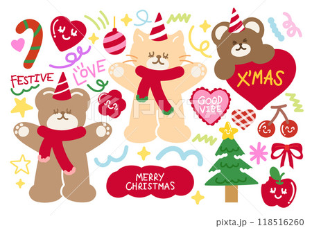 Cute Christmas and New Year illustrations of teddy bear, cat, red scarf, party hat, heart, red ribbon, Christmas tree, candy cane, ornaments, light, party hat, good vibe letters, festive font, star Cute Christmas and New Year illustrations of teddy bear, cat, red scarf, party hat, heart, red ribbon, Christmas tree, candy cane, ornaments, light, party hat, good vibe letters, festive font, star 118516260