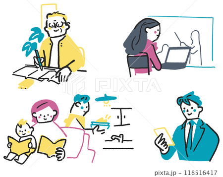 さまざまな場面で勉強やリスキリングする人々　セットのストックイラスト素材 118516417