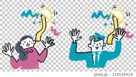 くす玉を割ってお祝いしている男女　セットのストックイラスト素材 118516419