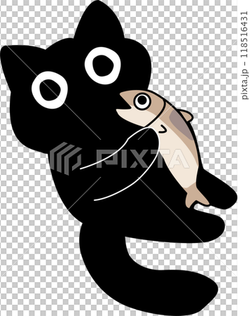 illustration of a black cat holding a fish. flat design illustration of a black cat holding a fish. flat design 118516431