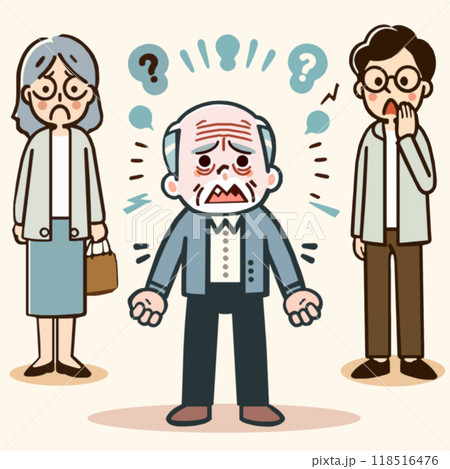 認知症高齢者の慌てた様子とその様子を見守る家族のイラスト 118516476