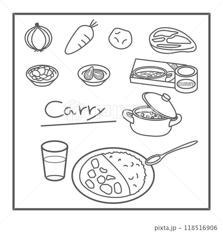 カレーライスのイラストセット　モノクロ 118516906