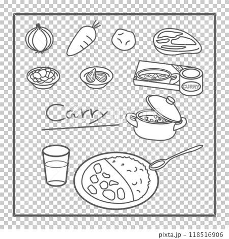 カレーライスのイラストセット　モノクロ 118516906