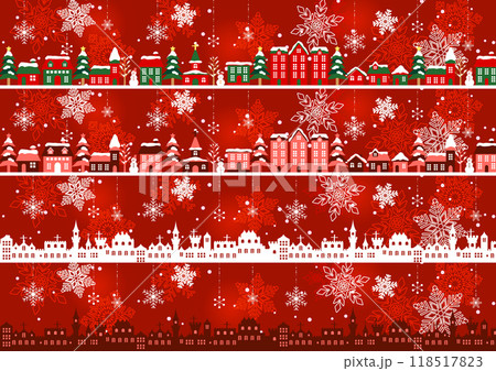 クリスマスラインセット、街並み、雪の結晶、赤 118517823