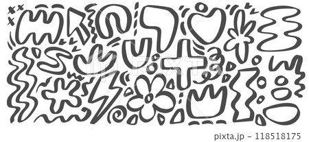 Abstract vector shapes. Organic doodle hand drawn graphic elements on white background. Cute minimal blobs scribbles and flower. Playful contemporary monochrome collage 118518175