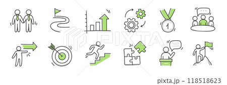 Doodle career icon set. Success winner, business goal, challenge hand drawn sketch line pen stroke style icon. Professional business career, goal sketch doodle drawn collection. Vector 118518623