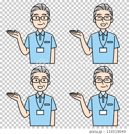 一位穿著 Polo 衫的老人微笑著引導您（右手，衣領） 118519049