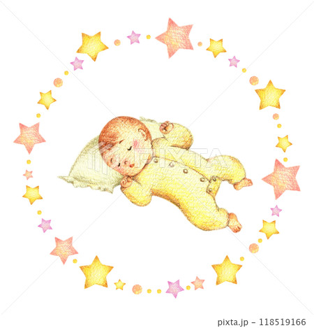 枕で眠る赤ちゃんと星のフレーム　手描き色鉛筆画 118519166