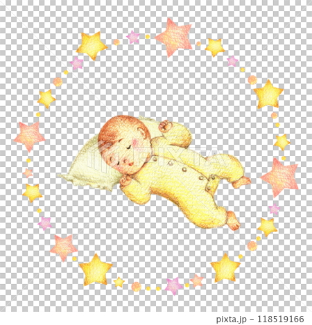 枕で眠る赤ちゃんと星のフレーム　手描き色鉛筆画 118519166