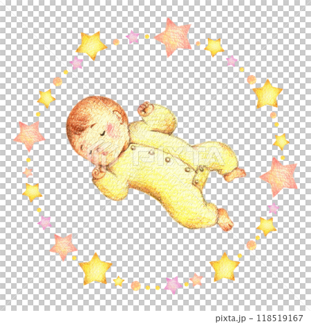 睡著的嬰兒和星框手繪色鉛筆畫 118519167