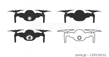 Quadcopter flying drone icons silhouette symbol. Drone fpv copter with action camera. Photo and video. Vector illustration image. Isolated on white background. Quadcopter flying drone icons silhouette symbol. Drone fpv copter with action camera. Photo and video. Vector illustration image. Isolated on white background. 118519232