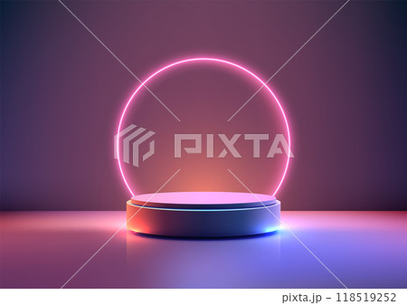 Futuristic Neon Podium with Glowing Circular Backdrop for Technology Product Display 118519252
