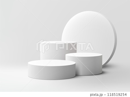 3D White Cylindrical Podiums with Large Circle, Modern Stage for Product Mockups, Advertising, and Commercial Exhibitions 3D White Cylindrical Podiums with Large Circle, Modern Stage for Product Mockups, Advertising, and Commercial Exhibitions 118519254