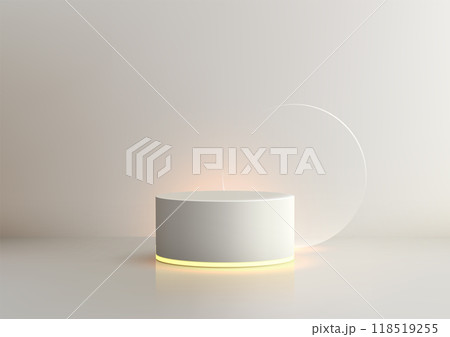 3D White Cylindrical Podium in Minimalist Style Illuminated by Warm Light with Hovering Circle Backdrop for Product Mockups, Professional Displays, and Showroom 118519255