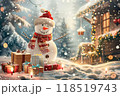 Christmas greeting card with bright winter holiday snowman and New Year background 118519743