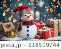 Christmas greeting card with bright winter holiday snowman and New Year background 118519744