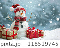 Christmas greeting card with bright winter holiday snowman and New Year background 118519745