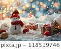 Christmas greeting card with bright winter holiday snowman and New Year background 118519746