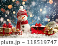 Christmas greeting card with bright winter holiday snowman and New Year background 118519747