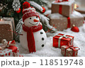 Christmas greeting card with bright winter holiday snowman and New Year background 118519748