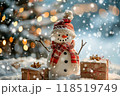 Christmas greeting card with bright winter holiday snowman and New Year background 118519749