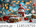 Christmas greeting card with bright winter holiday snowman and New Year background 118519750