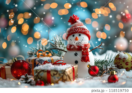 Christmas greeting card with bright winter holiday snowman and New Year background 118519750