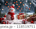 Christmas greeting card with bright winter holiday snowman and New Year background 118519751