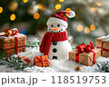 Christmas greeting card with bright winter holiday snowman and New Year background 118519753