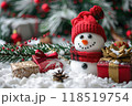 Christmas greeting card with bright winter holiday snowman and New Year background 118519754