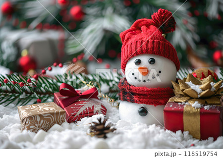 Christmas greeting card with bright winter holiday snowman and New Year background 118519754