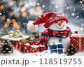 Christmas greeting card with bright winter holiday snowman and New Year background 118519755