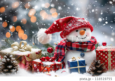 Christmas greeting card with bright winter holiday snowman and New Year background 118519755