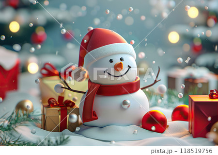 Christmas greeting card with bright winter holiday snowman and New Year background 118519756