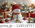 Christmas greeting card with bright winter holiday snowman and New Year background 118519757