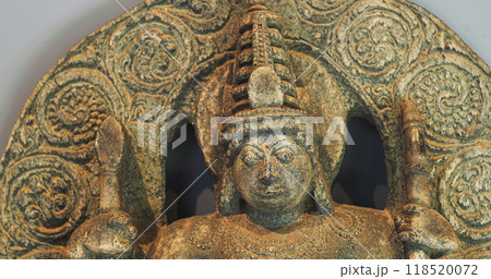 Close-up View on Ancient Statue Of Bhairava Or Frightful, Or Kala Bhairava, Is Shaivite And Vajrayana Deity Worshipped By Hindus And Buddhists. Antique Museum Piece Of Hoyasala Period, Karnataka 12th Close-up View on Ancient Statue Of Bhairava Or Frightful, Or Kala Bhairava, Is Shaivite And Vajrayana Deity Worshipped By Hindus And Buddhists. Antique Museum Piece Of Hoyasala Period, Karnataka 12th 118520072