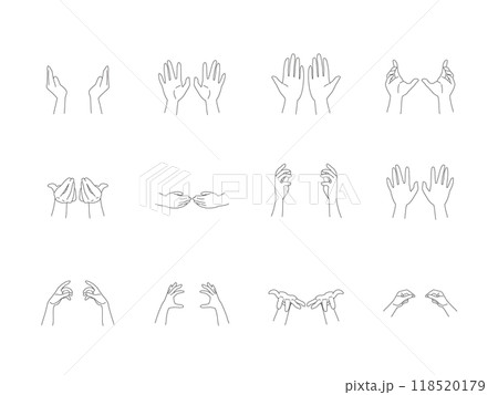 両手で持つ色々な仕草のイラスト素材セット　白黒線画タイプ 118520179